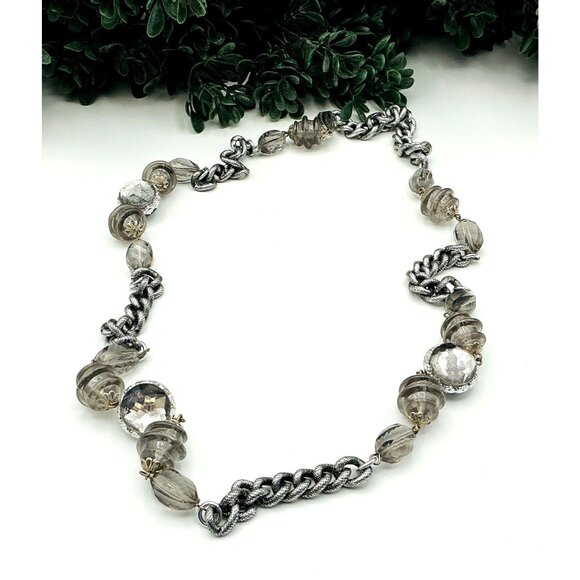 "Elegant Silver Chain Necklace With Smoky Quartz resin Beads" - Picture 3 of 6